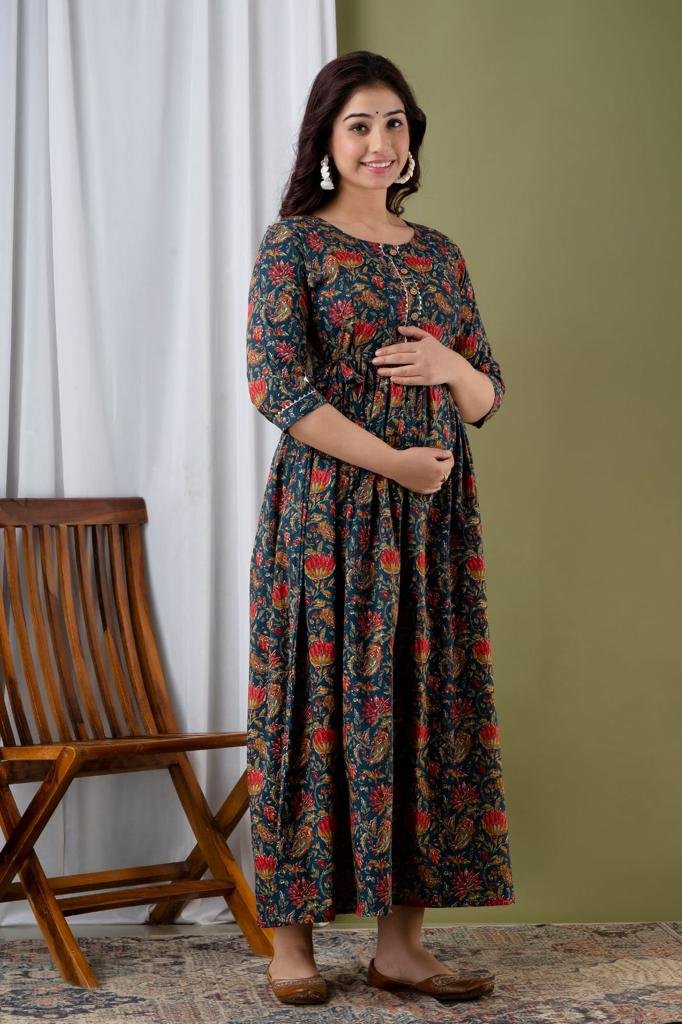 2 in 1 Cotton Feeding Top with Zip & Front Buttons-BLUE WITH RED FLORAL PRINTS(1)